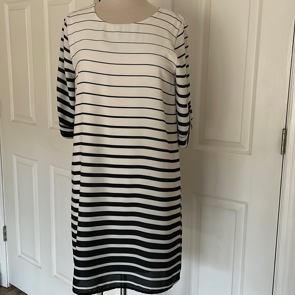 Black & White Stripe Dress with short sleeve gold tac buttons - Med